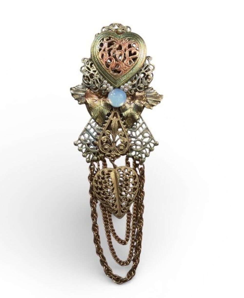 Vtg 90s Unique Handmade Ornate Brooch Pin Gold Drop Chains Steampunk Victorian